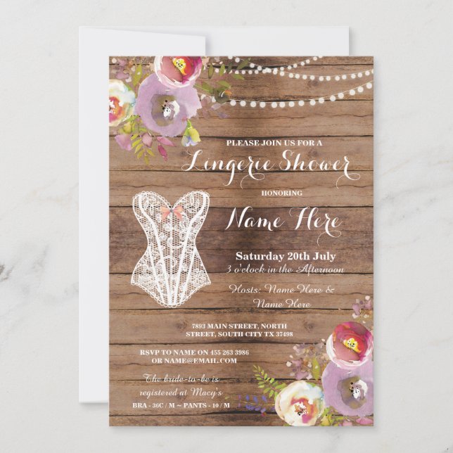 Invitación Lingerie Shower Bridal Party Wood Floral Invitació (Anverso)