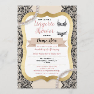 Invitación Lingerie Shower Gold Cream Lace Bra Pearl