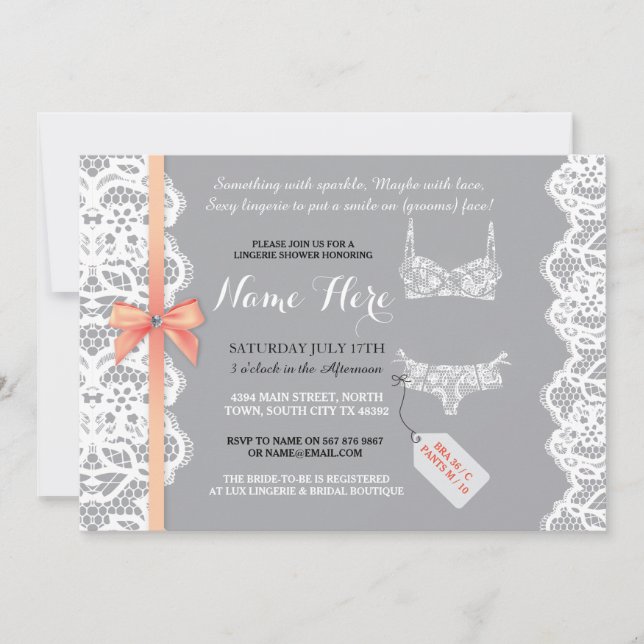 Invitación Lingerie Shower Invitó a Peach Bridal Party Lace (Anverso)