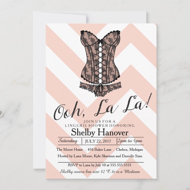 Invitación Lingerie Shower, ooh la | rosa chevron negro encaj (Anverso)