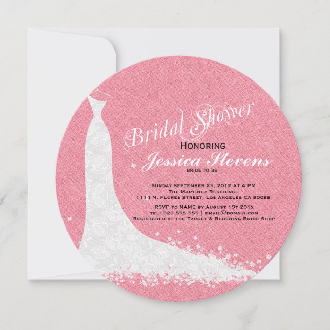 Invitación Lino Coral-Rojo Y Vestido Boda De Lace Blanco (Anverso)