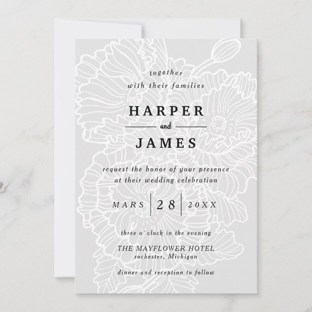 Invitación Lino floral moderno cachorros boda gris blanco (Anverso)