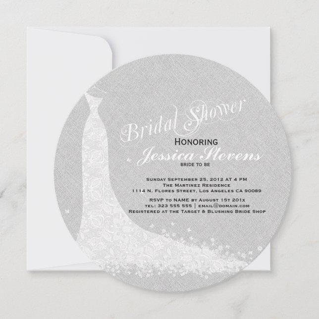Invitación Lino Gris Claro Y Vestido Boda Lace Blanco (Anverso)