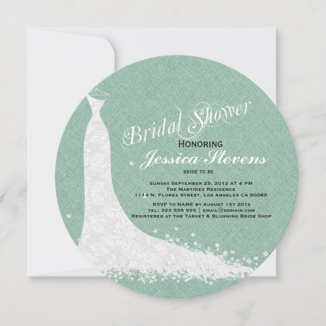 Invitación Lino Mint-Verde Y Vestido Boda De Lace Blanco (Anverso)