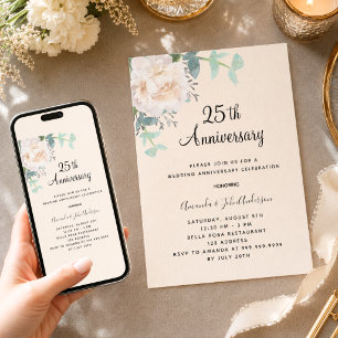 Invitación Lino verde floral 25 aniversario de bodas