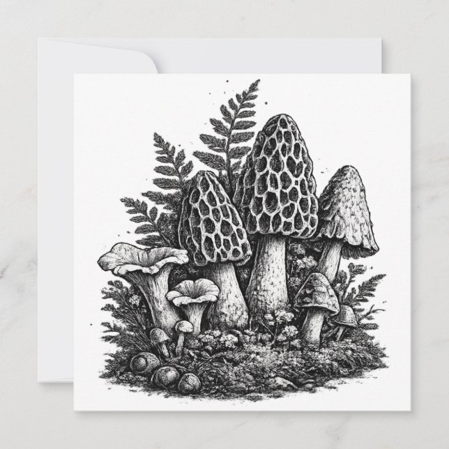 Invitación Linograbado vintage de hongos del bosque (Anverso)