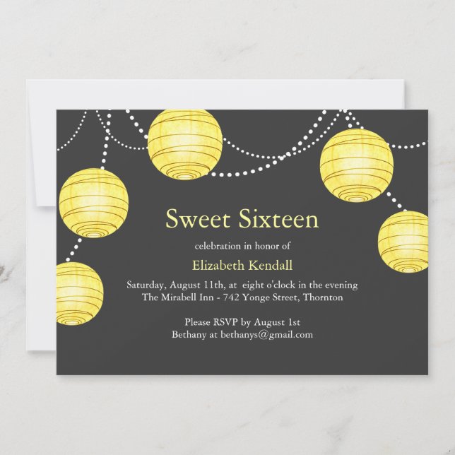 Invitación Linterna amarilla y gris Fiesta dulce 16 invitacio (Anverso)