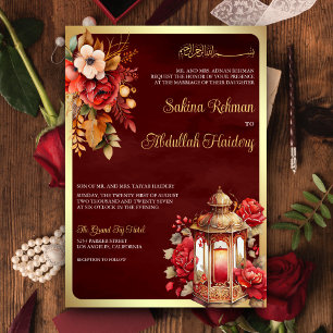 Invitación Linterna Antigua Floral Roja Musulmana Bodas Marró