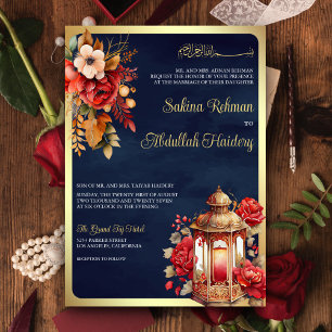 Invitación Linterna Antigua Floral Roja Naval Boda Musulmana