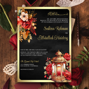 Invitación Linterna Antigua Floral Roja Negra Boda Musulmana