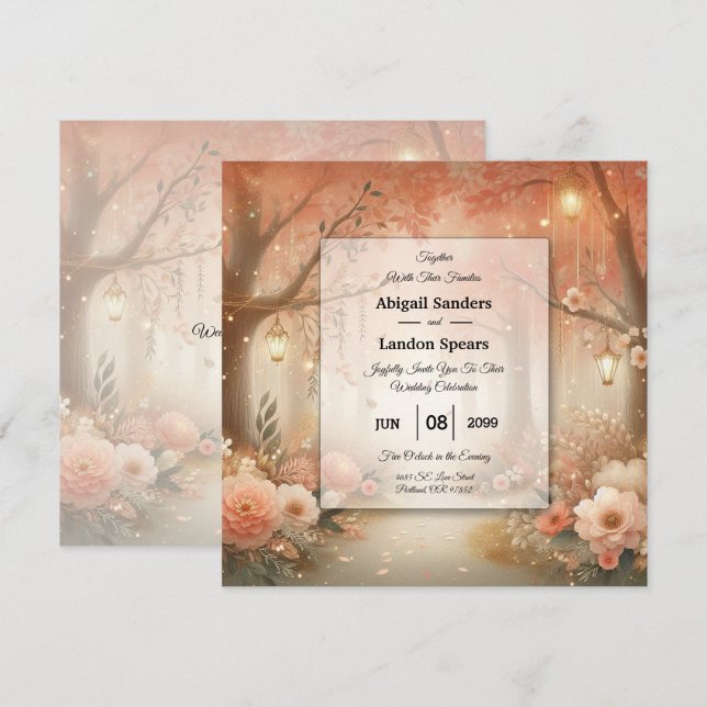 Invitación Linterna de Boda Bosque Encantado Melocotón Rubor (Anverso / Reverso)