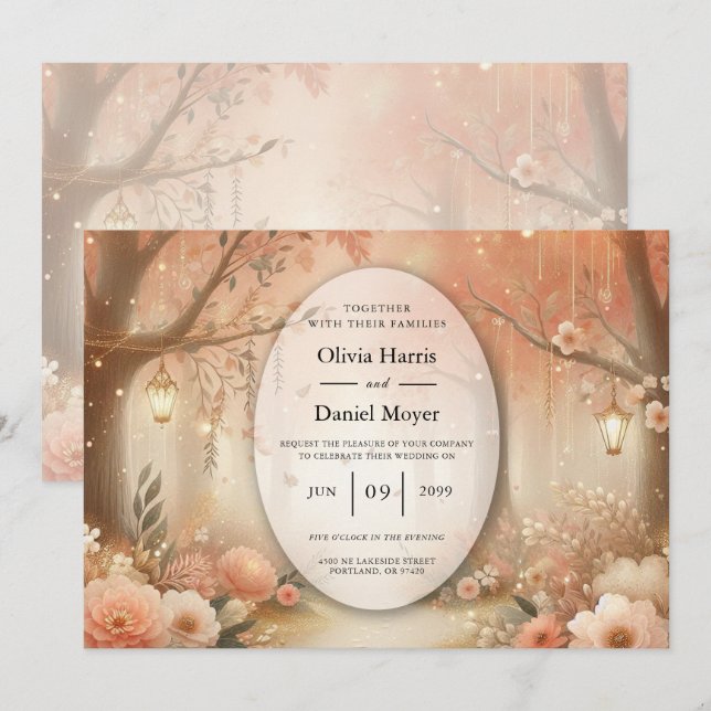 Invitación Linterna de Boda Bosque Encantado Rubor Melocotón (Anverso / Reverso)