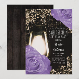 Invitación Linterna de brillo rústico lavanda rosas púrpura S