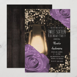 Invitación Linterna de brillo rústico Lila Rosas Purpura Dulc
