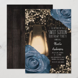 Invitación Linterna de brillo rústico Rosas azul polvoriento