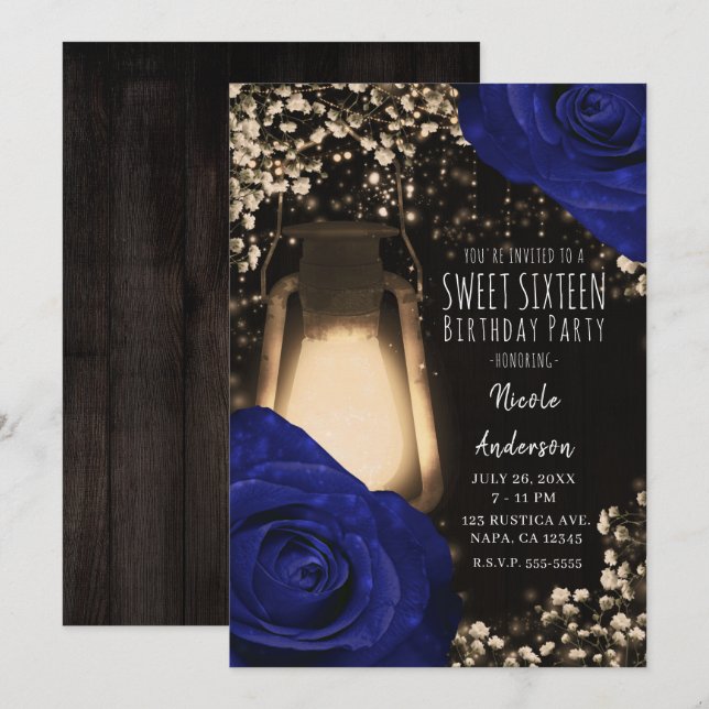Invitación Linterna de brillo rústico rosas azules boda dulce (Anverso / Reverso)