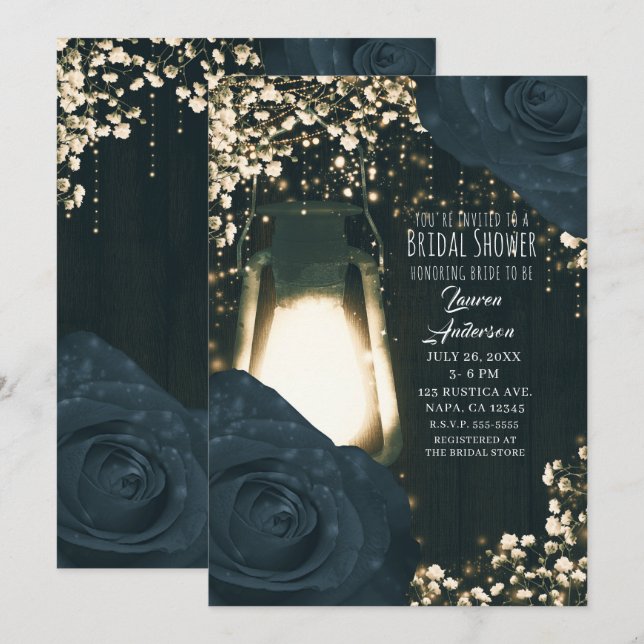 Invitación Linterna de Brillo Rústico Rosas Negras Azules Bab (Anverso / Reverso)