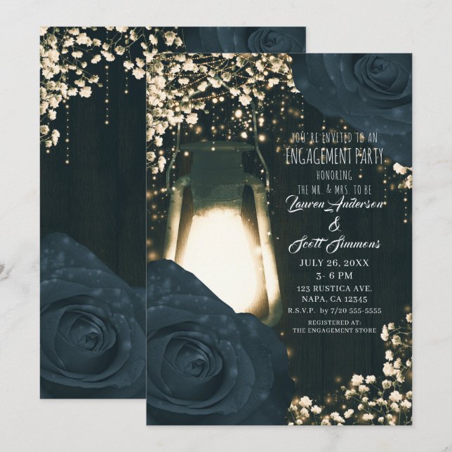 Invitación Linterna de brillo rústico rosas negras azules de  (Anverso / Reverso)