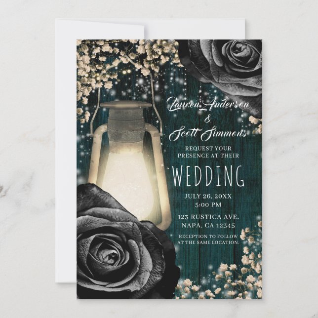 Invitación Linterna de Brillo Rústico Rosas Negras y Boda en  (Anverso)
