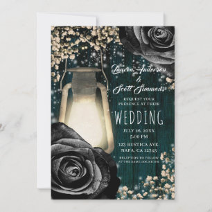 Invitación Linterna de Brillo Rústico Rosas Negras y Boda en 