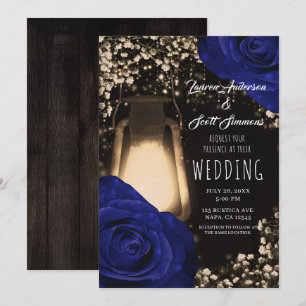 Invitación Linterna de brillo rústico y rosas azules de boda