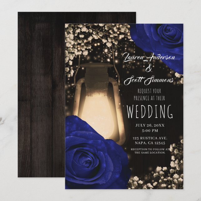 Invitación Linterna de brillo rústico y rosas azules de boda  (Anverso / Reverso)