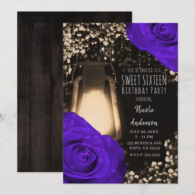 Invitación Linterna de brillo rústico y rosas púrpura violeta (Anverso / Reverso)