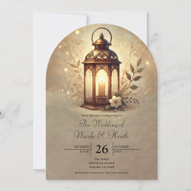Invitación Linterna de Bronce Brillante Boda Romántica Rústic (Anverso)