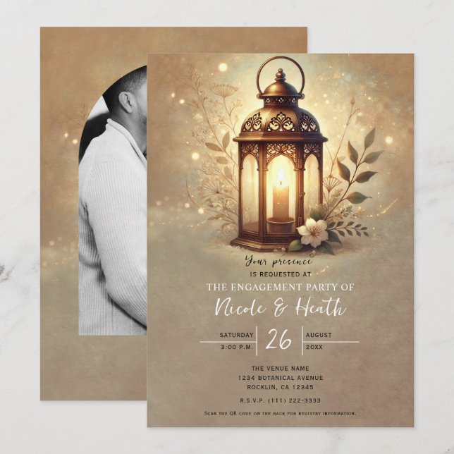 Invitación Linterna de Bronce Brillante Romántico Compromiso  (Anverso / Reverso)