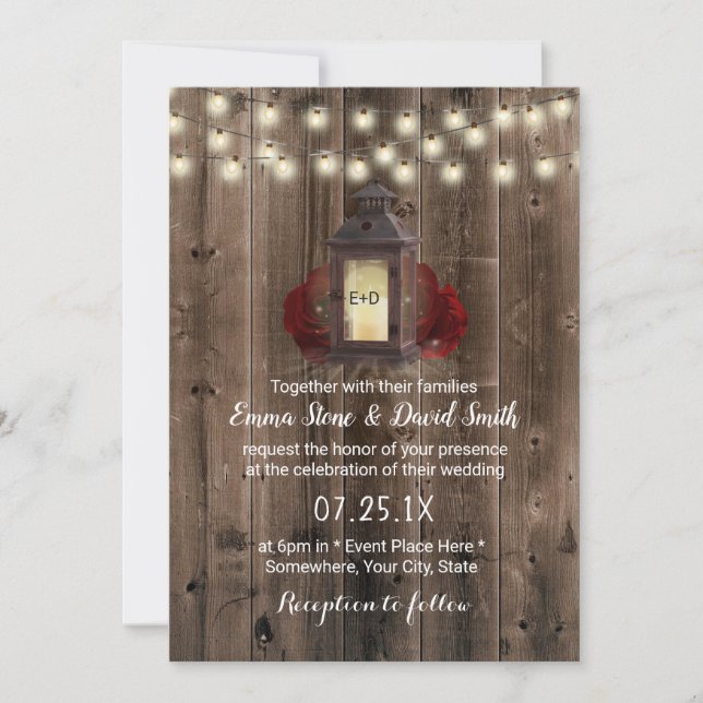 Invitación Linterna de época y flores Boda de madera de grane (Anverso)
