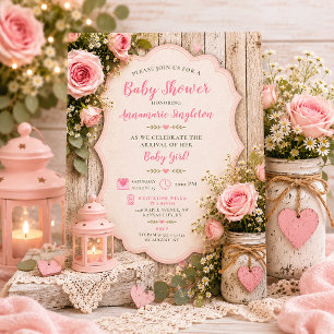 Invitación Linterna de frasco de Mason de rosas rosadas rústi