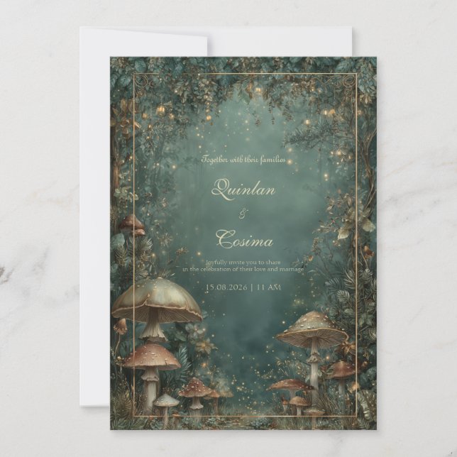 Invitación Linterna de Oro de Hongo del Bosque Esmeralda Míst (Anverso)