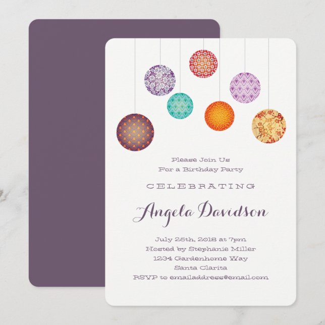 Invitación Linterna de papel brillante Pluma de cumpleaños (Anverso / Reverso)
