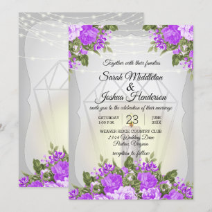Invitación Linterna de Plata y Floral Púrpura de Boda