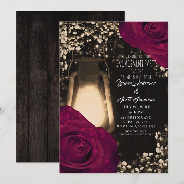 Invitación Linterna de resplandor rústico con rosas magenta,  (Anverso / Reverso)