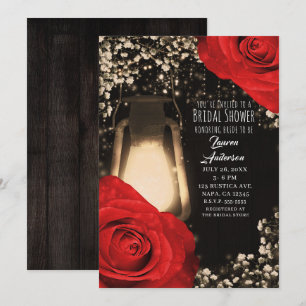 Invitación Linterna de Resplandor Rústico Rosas Rojas Brillan