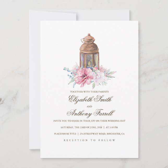 Invitación Linterna de velas - Boda de acuarela floral (Anverso)