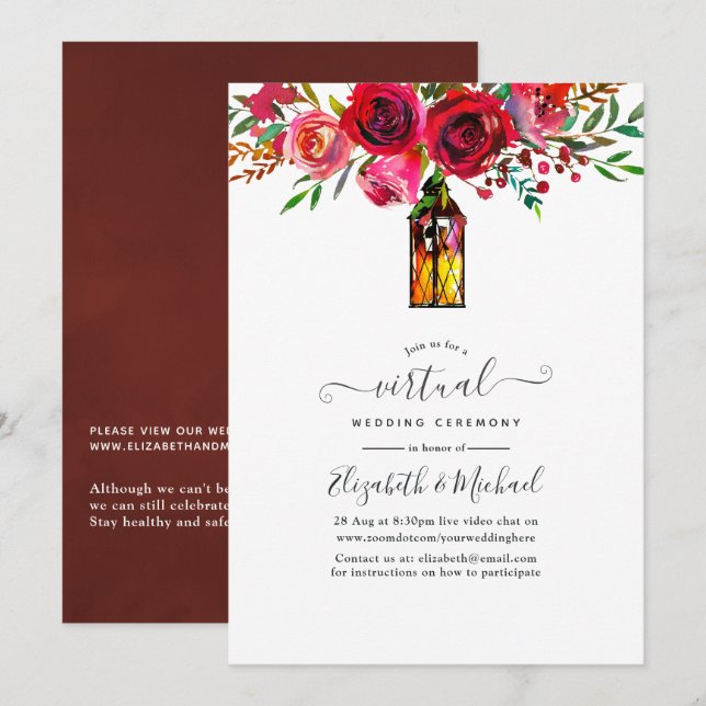 Invitación Linterna floral de acuarela boda virtual en línea (Anverso / Reverso)
