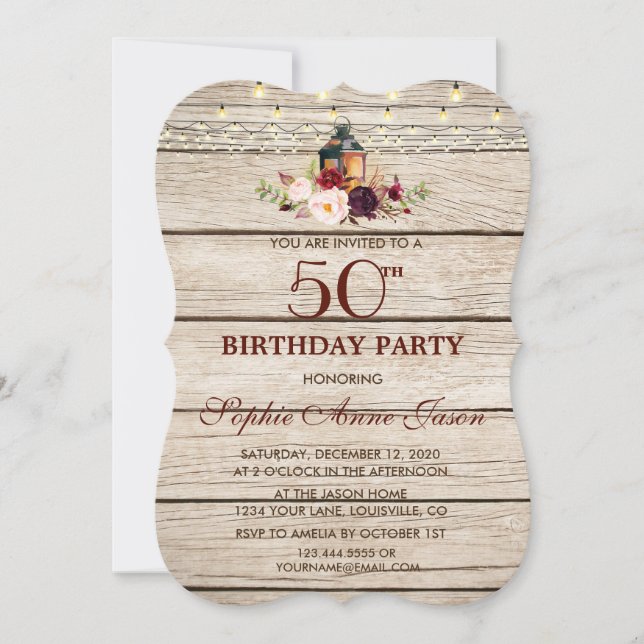 Invitación Linterna floral de Borgoña Marsala 50 cumpleaños (Anverso)