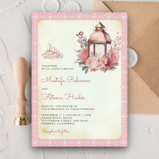Invitación Linterna floral rosa rústica boda musulmana (Subido por el creador)