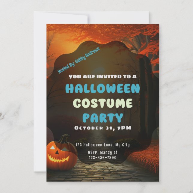 Invitación Linterna Jack-O' en el camino forestal de otoño Ha (Anverso)