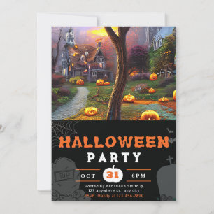Invitación Linterna Jack-O' y Halloween negro de la casa perd