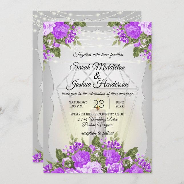 Invitación Linterna plateada y Boda morado floral (Anverso / Reverso)