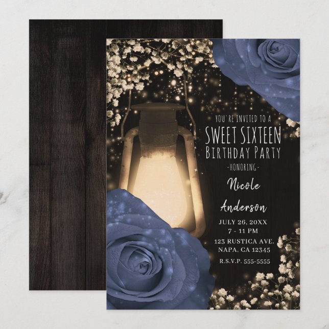 Invitación Linterna Resplandor Rústico & Rosas Azules Steele  (Anverso / Reverso)