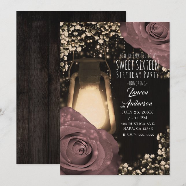 Invitación Linterna Resplandor Rústico Rosas Rosa Polvo Dulce (Anverso / Reverso)