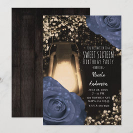 Invitación Linterna Resplandor Rústico y Rosas Azules Steele
