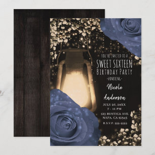 Invitación Linterna Resplandor Rústico y Rosas Azules Steele 