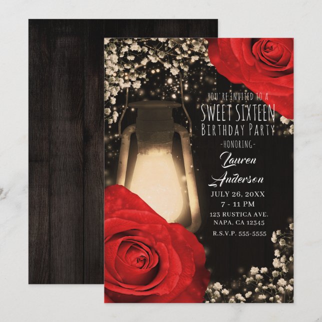 Invitación Linterna Resplandor Rústico y Rosas Rojas Brillant (Anverso / Reverso)