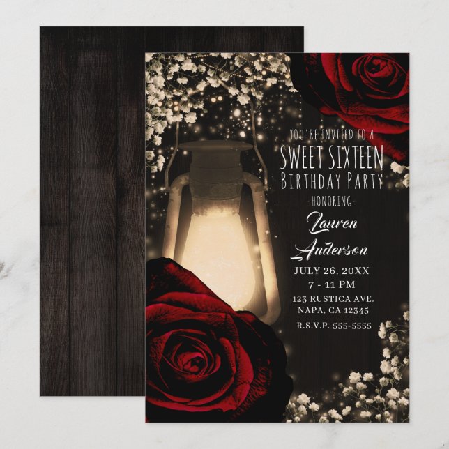 Invitación Linterna Resplandor Rústico y Rosas Rojo Oscuro Cu (Anverso / Reverso)