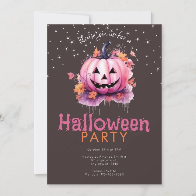Invitación Linterna rosada de Jack-O deja una fiesta de Hallo (Anverso)